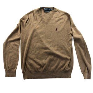 Polo Ralph Lauren Mens Sweater Large V-Neck Pullover Long Sleeve Brown Cotton